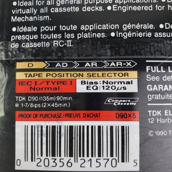 TDK D90 Blank Cassette Tapes 5 Pack IECI Type 1 Normal Bias Sealed - Picture 8 of 9